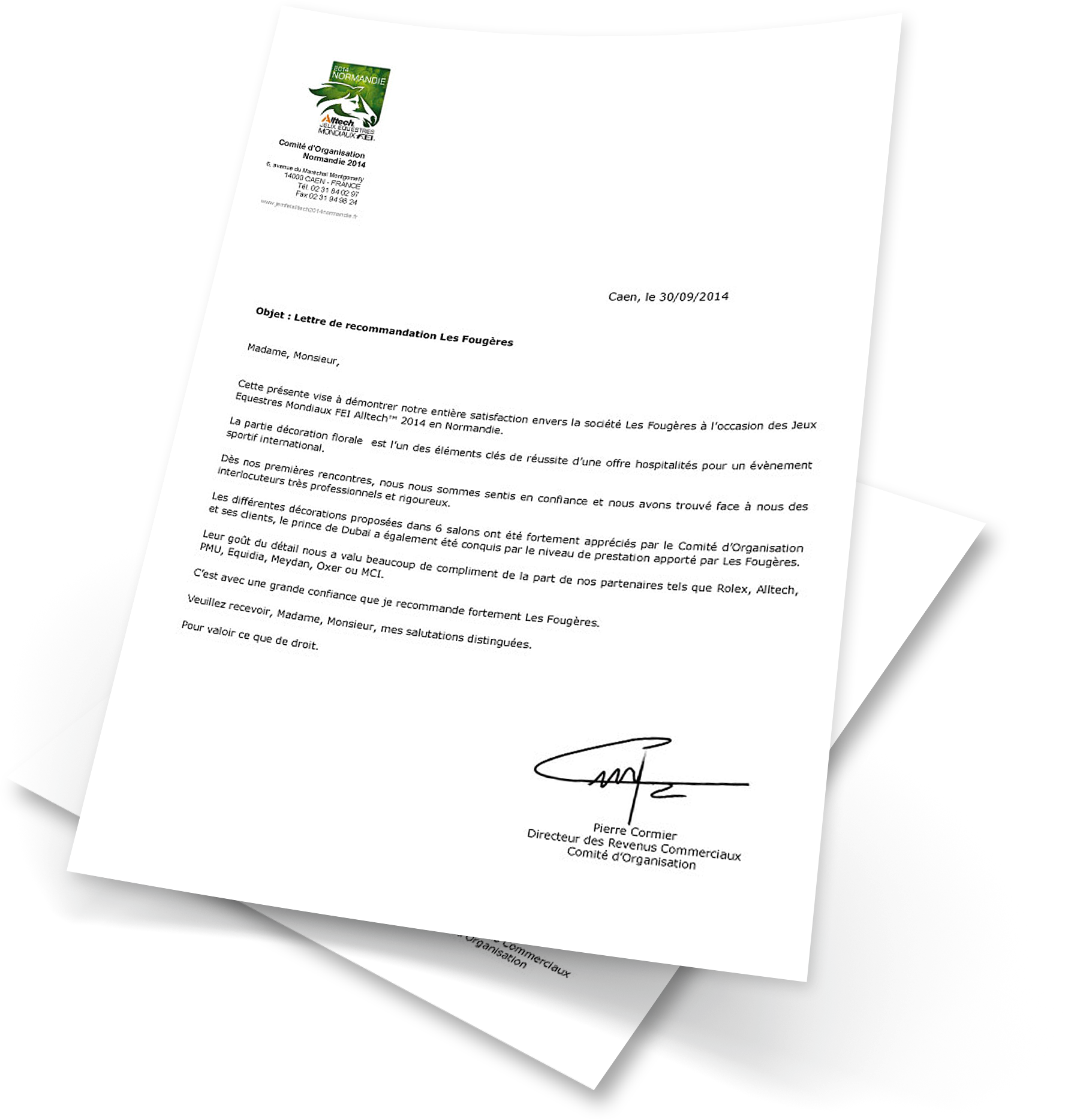 Lettre de recommandation des jeux &eacute;questre mondiaux normandie 2014